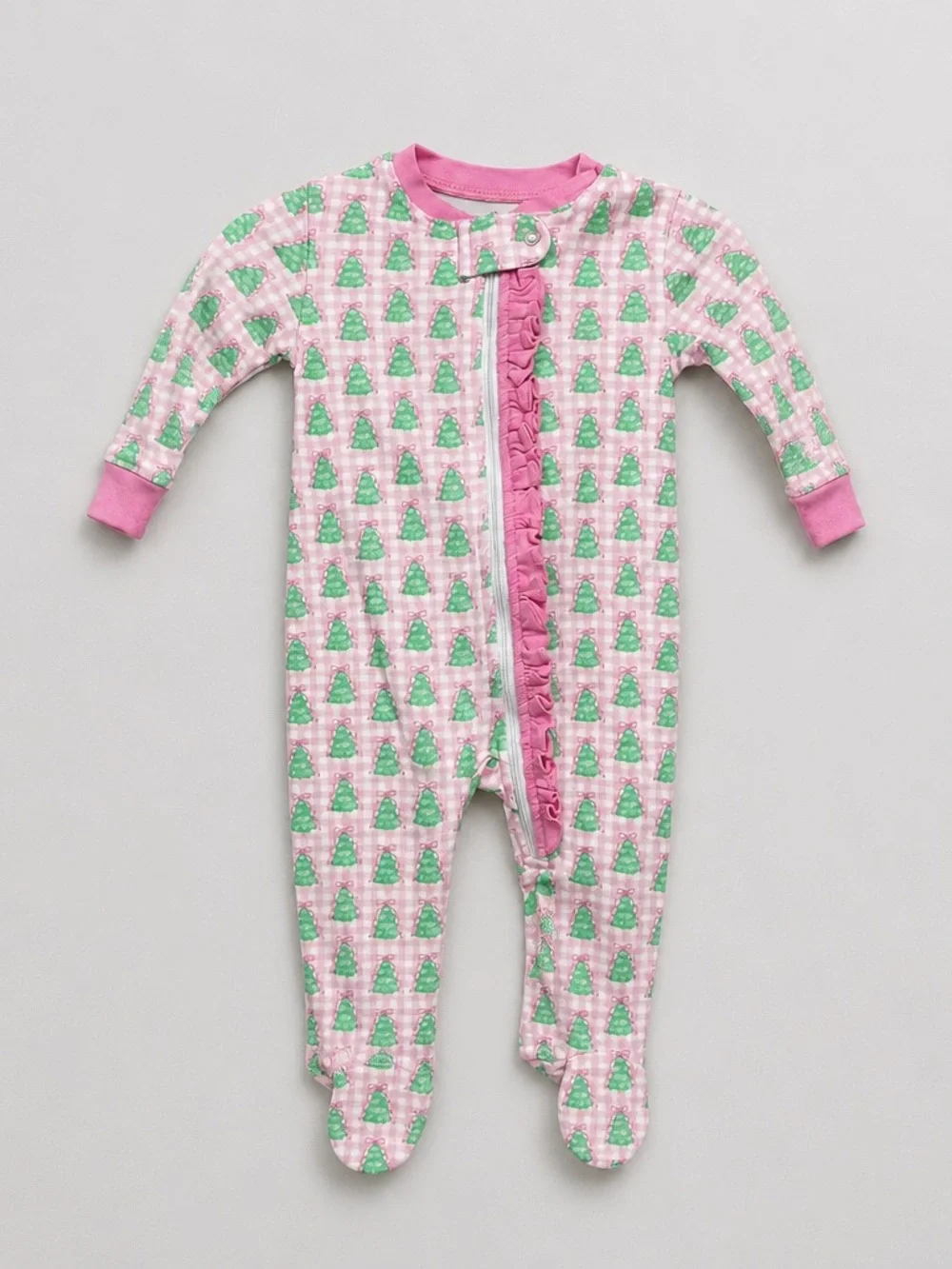 James and Lottie pink gingham Christmas tree one piece zipper footie 9 months